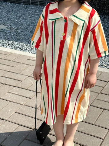 Young Girl Cute And Playful Polo Collar Striped Short Sleeve Casual Dress With Fresh Style