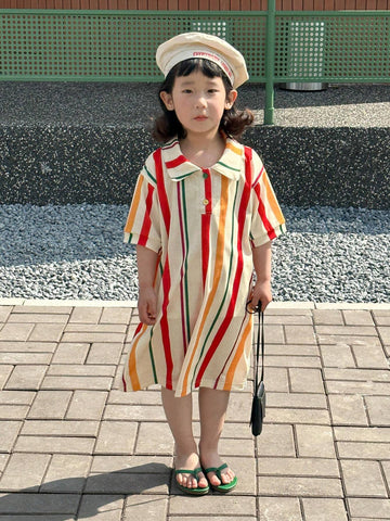 Young Girl Cute And Playful Polo Collar Striped Short Sleeve Casual Dress With Fresh Style