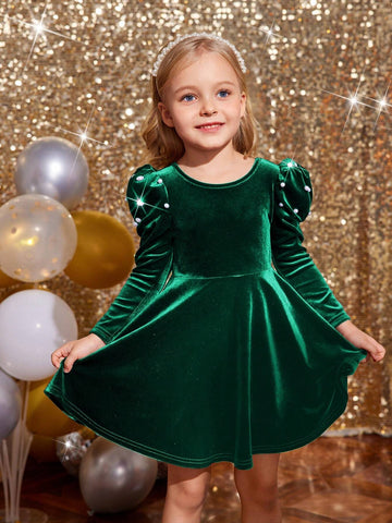 Young Girl Cute Back 3D Bowknot Decoration Dress, Casual Simple Elegant Faux Pearl Dress