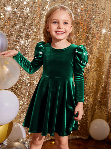 Young Girl Cute Back 3D Bowknot Decoration Dress, Casual Simple Elegant Faux Pearl Dress