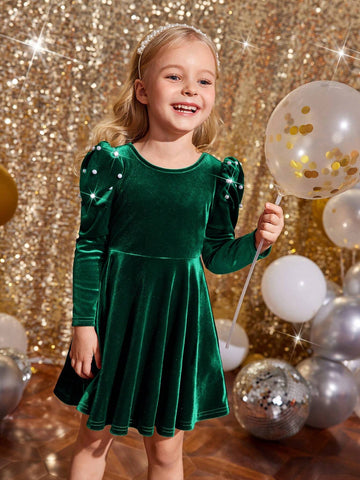 Young Girl Cute Back 3D Bowknot Decoration Dress, Casual Simple Elegant Faux Pearl Dress