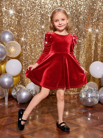 Young Girl Cute Back 3D Bowknot Decoration Dress, Casual Simple Elegant Pearl Dress