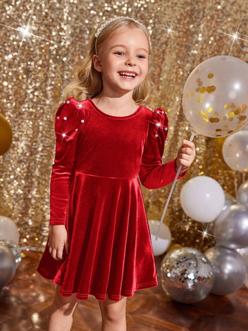 Young Girl Cute Back 3D Bowknot Decoration Dress, Casual Simple Elegant Pearl Dress