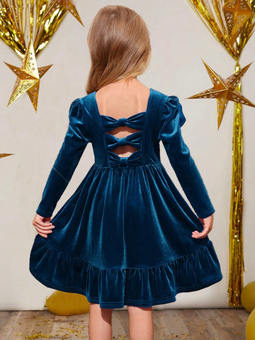 Young Girl Cute Back 3D Bowknot Decoration Velvet Dress , Casual Simple Elegant Dress, Suitable For Autumn And Winter