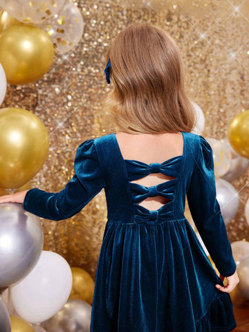 Young Girl Cute Back 3D Bowknot Decoration Velvet Dress , Casual Simple Elegant Dress, Suitable For Autumn And Winter