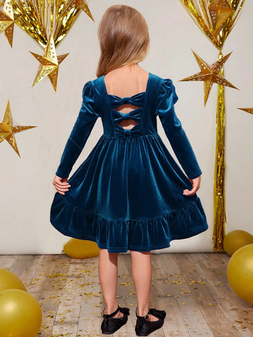 Young Girl Cute Back 3D Bowknot Decoration Velvet Dress , Casual Simple Elegant Dress, Suitable For Autumn And Winter