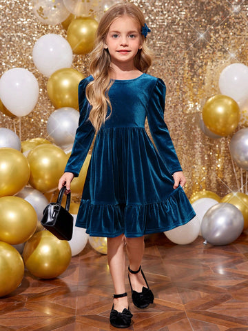 Young Girl Cute Back 3D Bowknot Decoration Velvet Dress , Casual Simple Elegant Dress, Suitable For Autumn And Winter