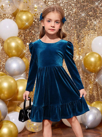 Young Girl Cute Back 3D Bowknot Decoration Velvet Dress , Casual Simple Elegant Dress, Suitable For Autumn And Winter