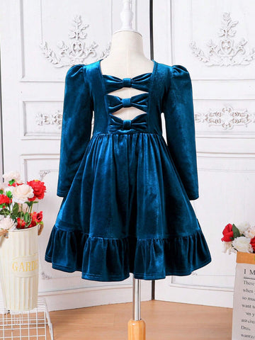 Young Girl Cute Back 3D Bowknot Decoration Velvet Dress , Casual Simple Elegant Dress, Suitable For Autumn And Winter