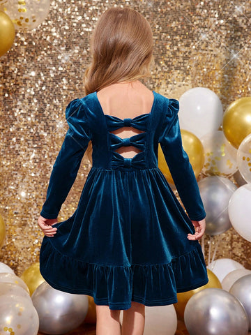 Young Girl Cute Back 3D Bowknot Decoration Velvet Dress , Casual Simple Elegant Dress, Suitable For Autumn And Winter