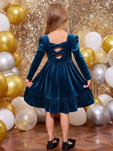 Young Girl Cute Back 3D Bowknot Decoration Velvet Dress , Casual Simple Elegant Dress, Suitable For Autumn And Winter