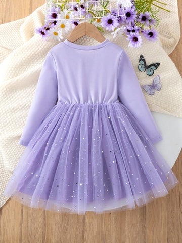 Young Girl Cute Bow, Cartoon Girl, Star & Moon Print Patchwork Tulle Dress, Suitable For Everyday, Party, Gift, Autumn/Winter