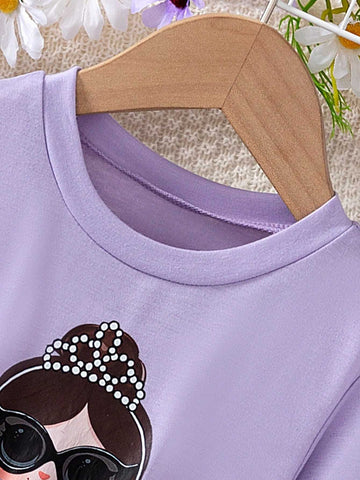 Young Girl Cute Bow, Cartoon Girl, Star & Moon Print Patchwork Tulle Dress, Suitable For Everyday, Party, Gift, Autumn/Winter