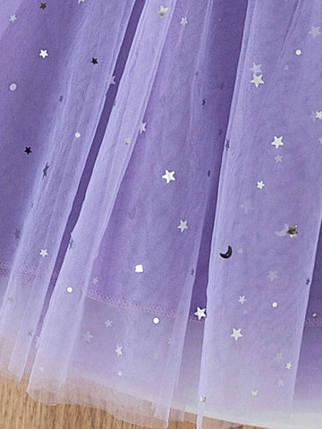 Young Girl Cute Bow, Cartoon Girl, Star & Moon Print Patchwork Tulle Dress, Suitable For Everyday, Party, Gift, Autumn/Winter
