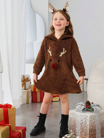 Young Girl Cute Cartoon 3D Decorative Pompom Embroidered Deer Embroidery Hooded Flannel Dress
