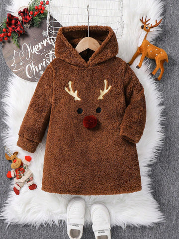 Young Girl Cute Cartoon 3D Decorative Pompom Embroidered Deer Embroidery Hooded Flannel Dress