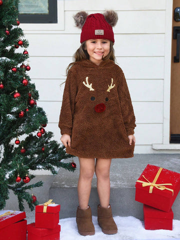 Young Girl Cute Cartoon 3D Decorative Pompom Embroidered Deer Embroidery Hooded Flannel Dress