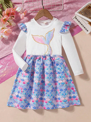 Young Girl' Cute Cartoon Casual Colorful Ruffle Sleeve Round Neck Fish Scale Print Long Sleeve Princess Dress, Spring Autumn