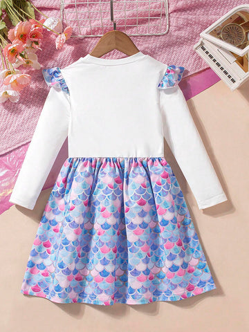 Young Girl' Cute Cartoon Casual Colorful Ruffle Sleeve Round Neck Fish Scale Print Long Sleeve Princess Dress, Spring Autumn