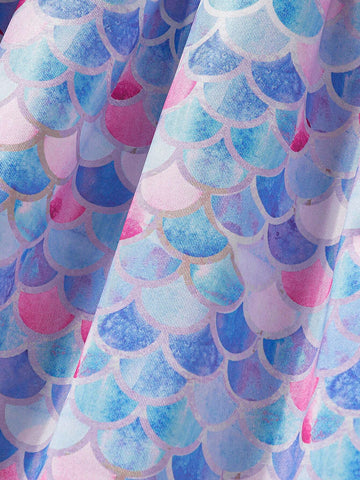 Young Girl' Cute Cartoon Casual Colorful Ruffle Sleeve Round Neck Fish Scale Print Long Sleeve Princess Dress, Spring Autumn