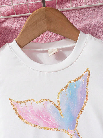Young Girl' Cute Cartoon Casual Colorful Ruffle Sleeve Round Neck Fish Scale Print Long Sleeve Princess Dress, Spring Autumn