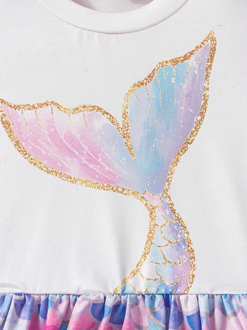 Young Girl' Cute Cartoon Casual Colorful Ruffle Sleeve Round Neck Fish Scale Print Long Sleeve Princess Dress, Spring Autumn