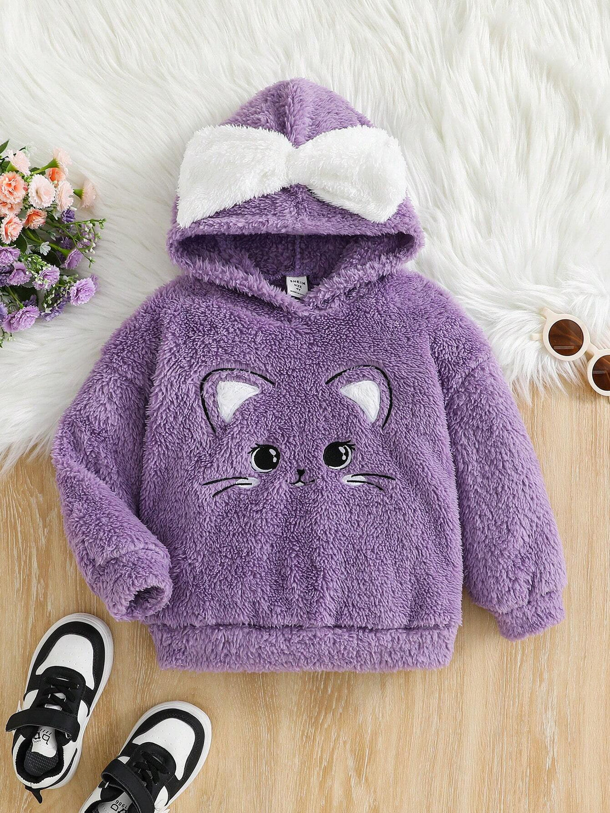oung Girl Cute Cartoon Embroidery Color Block Bow Hooded Flannel Sweatshirt,For Christmas,Great For Casual & Daily Wear & School Daily In Autumn & Winter