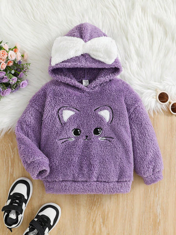 oung Girl Cute Cartoon Embroidery Color Block Bow Hooded Flannel Sweatshirt,For Christmas,Great For Casual & Daily Wear & School Daily In Autumn & Winter