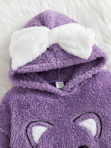 oung Girl Cute Cartoon Embroidery Color Block Bow Hooded Flannel Sweatshirt,For Christmas,Great For Casual & Daily Wear & School Daily In Autumn & Winter