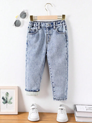Young Girl Cute Casual Basic Blue Denim Velvet Lined Thick Long Pants, Warm Winter Denim Jegging Outfit For Children