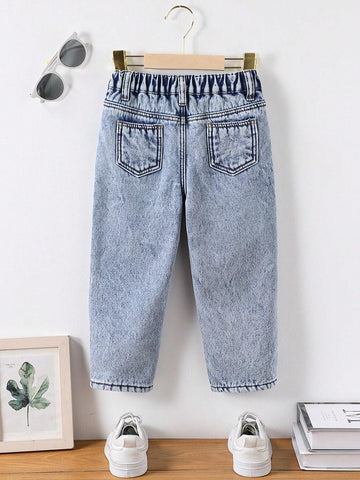 Young Girl Cute Casual Basic Blue Denim Velvet Lined Thick Long Pants, Warm Winter Denim Jegging Outfit For Children