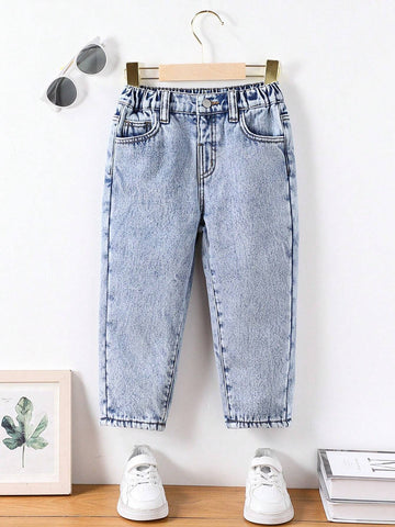 Young Girl Cute Casual Basic Blue Denim Velvet Lined Thick Long Pants, Warm Winter Denim Jegging Outfit For Children