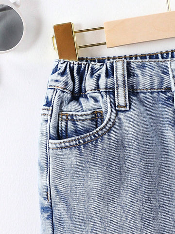 Young Girl Cute Casual Basic Blue Denim Velvet Lined Thick Long Pants, Warm Winter Denim Jegging Outfit For Children