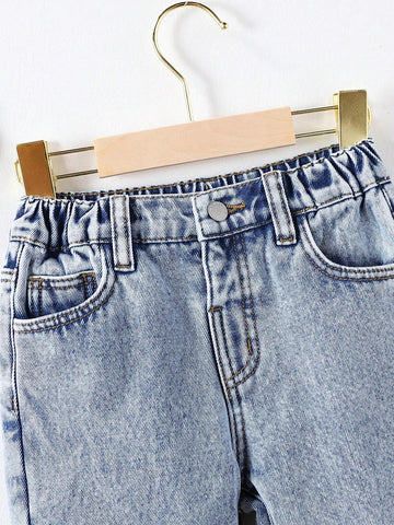 Young Girl Cute Casual Basic Blue Denim Velvet Lined Thick Long Pants, Warm Winter Denim Jegging Outfit For Children