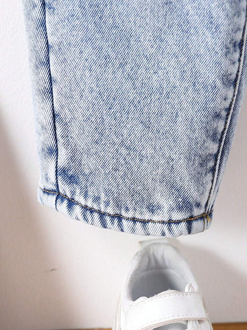 Young Girl Cute Casual Basic Blue Denim Velvet Lined Thick Long Pants, Warm Winter Denim Jegging Outfit For Children
