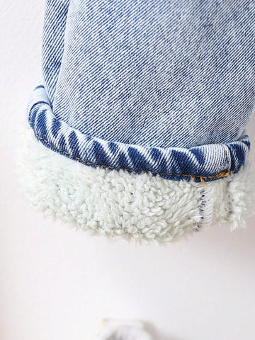 Young Girl Cute Casual Basic Blue Denim Velvet Lined Thick Long Pants, Warm Winter Denim Jegging Outfit For Children