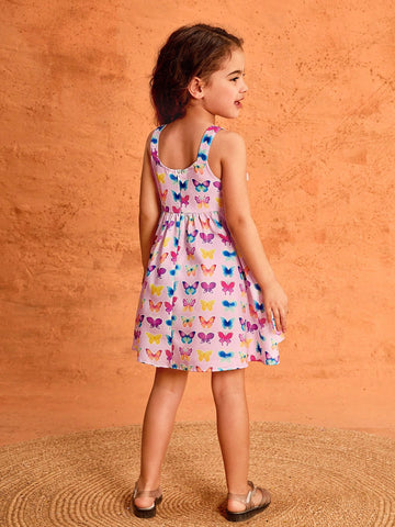 Young Girl Cute Casual Vacation Cartoon Butterfly Print Dress