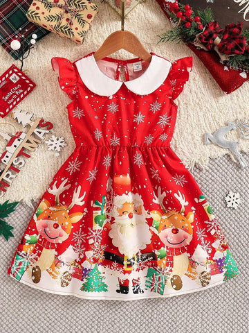 Young Girl' Cute Contrast Color Ruffle Lantern Sleeve A-Line Short Dress