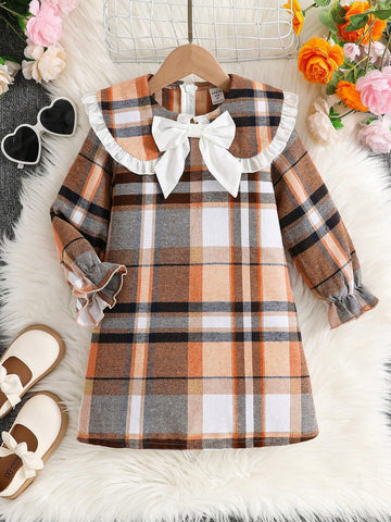 Young Girl Cute Doll Collar Plaid Color Block Big Bow Long Sleeve Dress