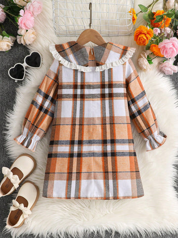 Young Girl Cute Doll Collar Plaid Color Block Big Bow Long Sleeve Dress