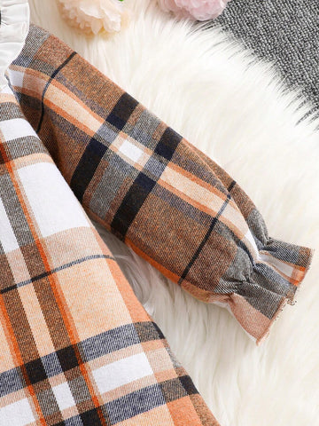 Young Girl Cute Doll Collar Plaid Color Block Big Bow Long Sleeve Dress