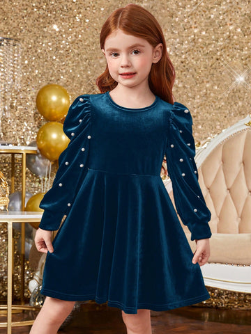 Young Girl Cute Elagant Pearls Details Puff Sleeve VelvetA-Line Dress , Gigot Sleeve Cake Dress