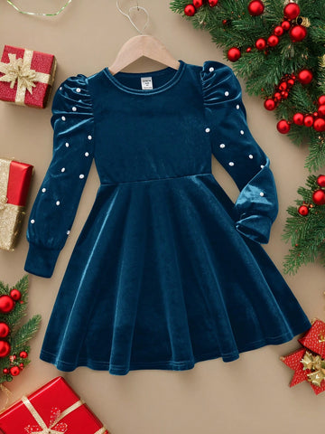 Young Girl Cute Elagant Pearls Details Puff Sleeve VelvetA-Line Dress , Gigot Sleeve Cake Dress