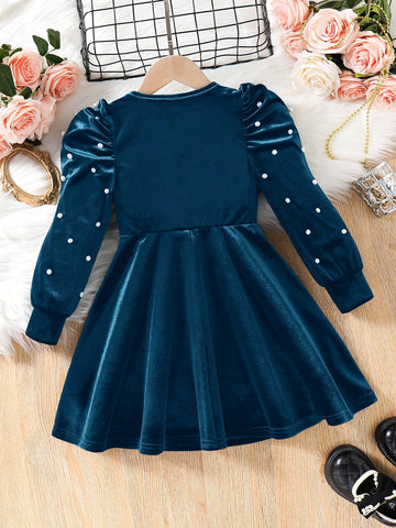 Young Girl Cute Elagant Pearls Details Puff Sleeve VelvetA-Line Dress , Gigot Sleeve Cake Dress