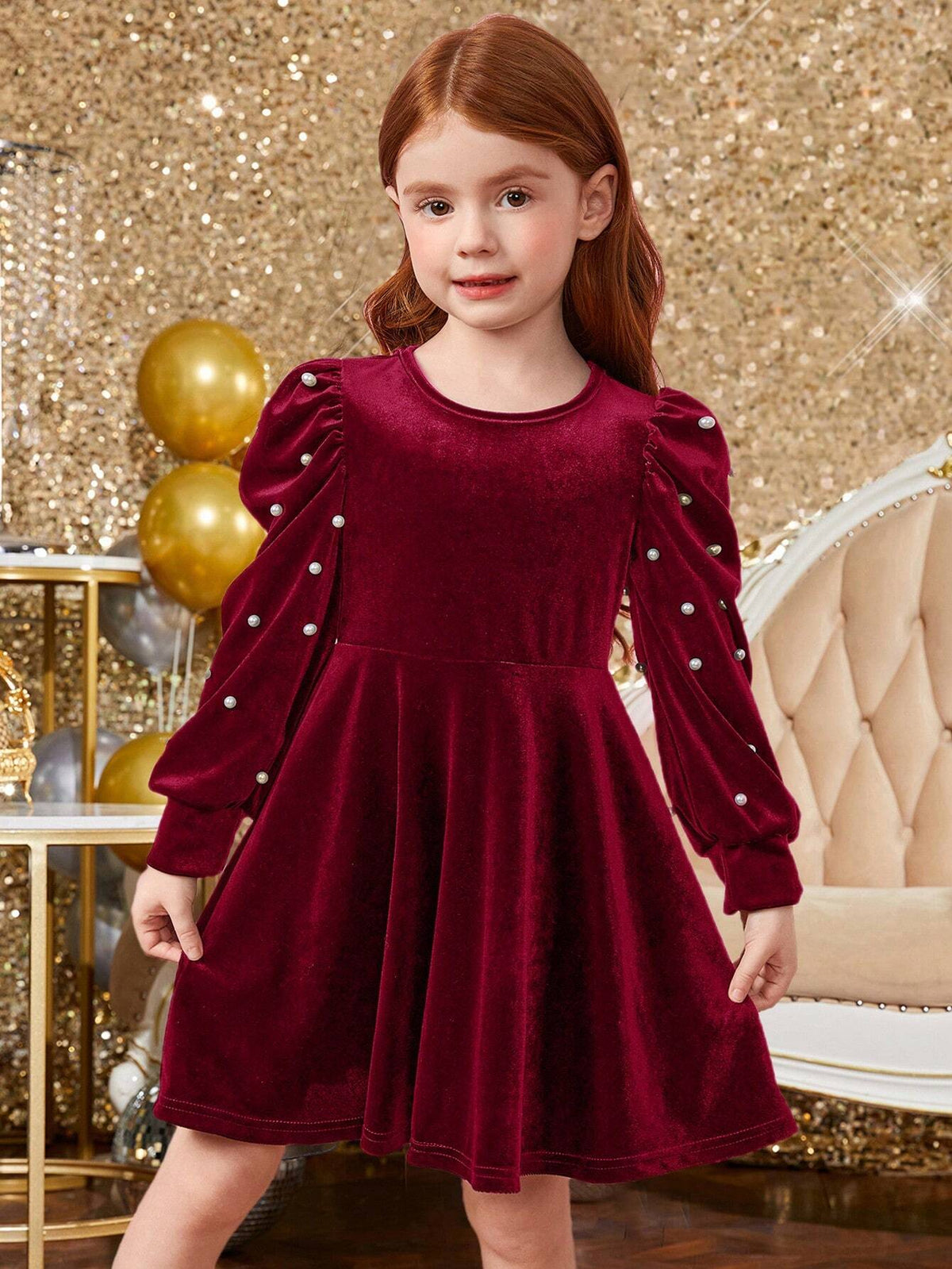 Young Girl Cute Elagant Pearls Details Puff Sleeve VelvetA-Line Dress , Gigot Sleeve Cake Dress