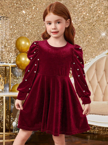 Young Girl Cute Elagant Pearls Details Puff Sleeve VelvetA-Line Dress , Gigot Sleeve Cake Dress