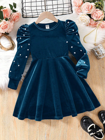 Young Girl Cute Elagant Pearls Details Puff Sleeve VelvetA-Line Dress , Gigot Sleeve Cake Dress