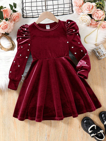 Young Girl Cute Elagant Pearls Details Puff Sleeve VelvetA-Line Dress , Gigot Sleeve Cake Dress