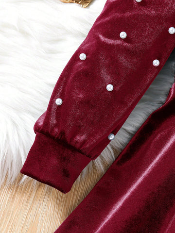Young Girl Cute Elagant Pearls Details Puff Sleeve VelvetA-Line Dress , Gigot Sleeve Cake Dress