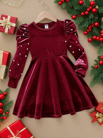 Young Girl Cute Elagant Pearls Details Puff Sleeve VelvetA-Line Dress , Gigot Sleeve Cake Dress